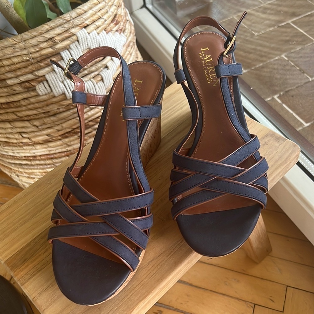 Lauren Ralph Lauren QUAYLIN Navy Blue Peep Toe Cork Wedge Heel Shoes 7 - Picture 7 of 10